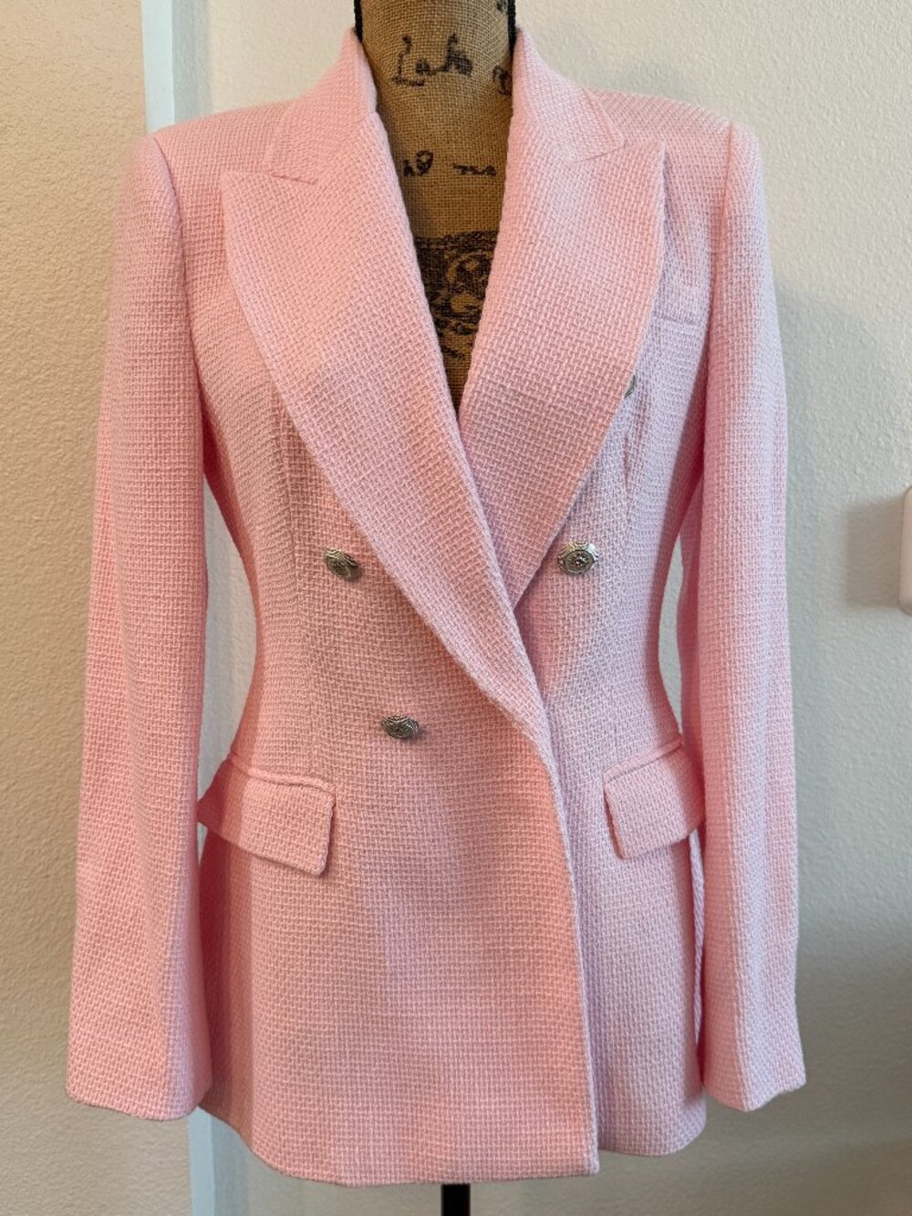 Zara Blush Pink Textured Double Breasted Blazer S NWT Crest Buttons